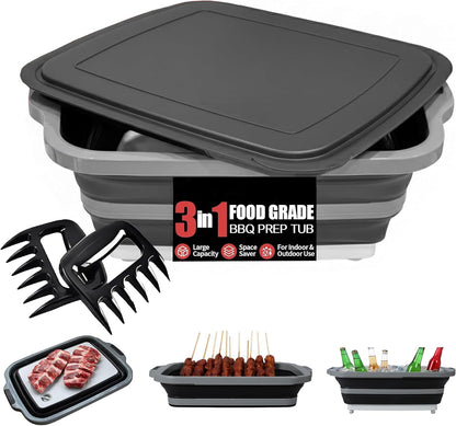 BBQ Prep Tub with 2 Pcs Meat Shredder Claws, Collapsible Cutting Board, 3 Adjustable Height BBQ Prep Tub with Lid, Multifunction Dish Basin for Kitchen, Grilling, Outdoor Cooking, Camping & Picnic