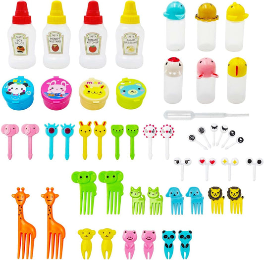 55 Pack Bento Box Accessories Set, Reusable Mini Condiment Bottles, Ketchup Squeeze Bottles & Animal Fruit Food Picks