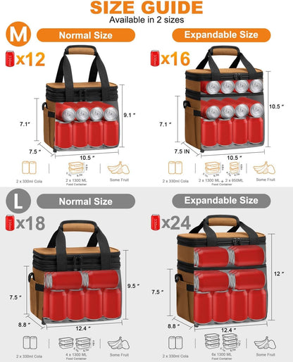 Pritent Lunch Box For Men Women Double Deck Insulated Lunch Bag For Men Woman Leakproof Expandable Cooler Bag with Adjustable Shoulder Strap for Kids Shool Work Picnic Camping(Beige,Large)