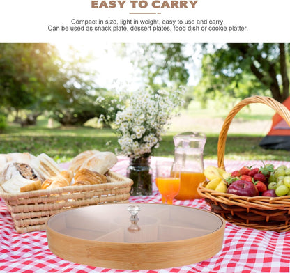 Bamboo Snack Tray with Lid - 4 Compartment Fruit Plate for Serving Dried Fruits, Nuts, Snacks - Wooden Tray for Food Storage Home Use, 11.81 X 11.81 X 1.57 Inches