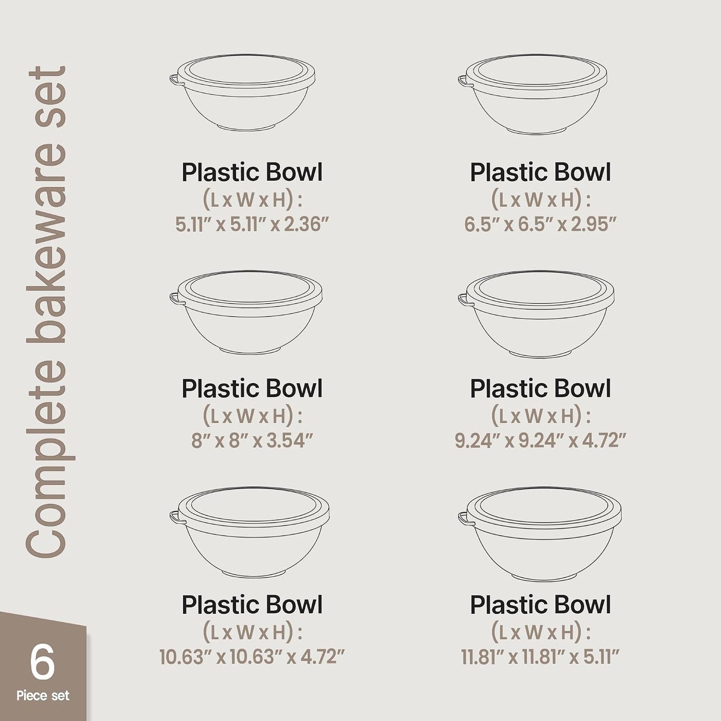 Bakken Master 12 Piece Plastic Nesting Bowls with Lids - Mixing Bowls Set includes 6 Prep Bowls and 6 Lids, BPA-Free, Reusable Meal Prep Containers, Microwave, Freezer & Dishwasher Safe, White Cream