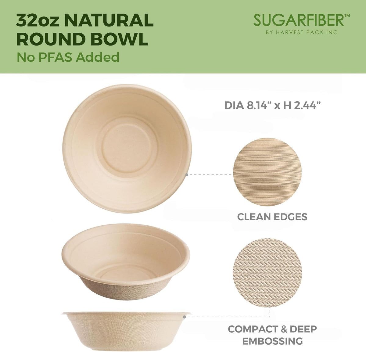 32oz Compostable Paper Bowls Disposable Round Natural Soup Bowls, 50 Count