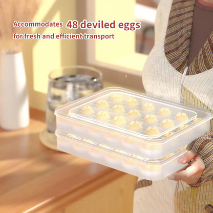Newness Deviled Egg Containers with Lid, (Set of 4), Plastic Deviled Egg Carrier with Handle for Eggs, Clear Storage Devil Egg Platter, Fridge Portable Egg Tray, Perfect for Picnic and Party