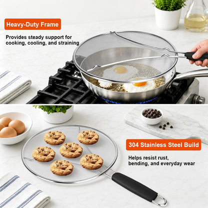 Splatter Screen for Frying Pan 3-Piece Set - Stainless Steel Grease Splatter Guard (13", 11.4", 9.8") - Oil Splash Guard & Fine Mesh Cover for Cooking Bacon