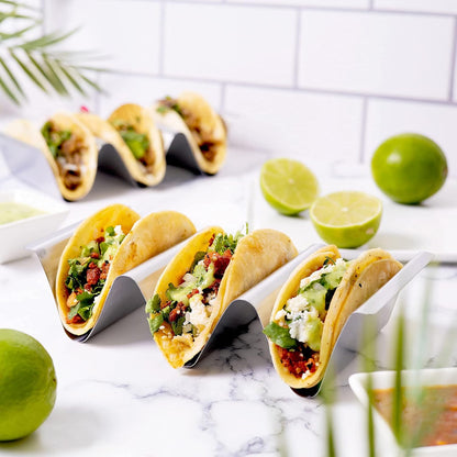 RTT Stainless Steel Taco Holder Stand, Set of 6 - Stylish Rack Holds Up to 3 Tacos Each, Keeping Shells Upright - Oven, Grill and Dishwasher Safe