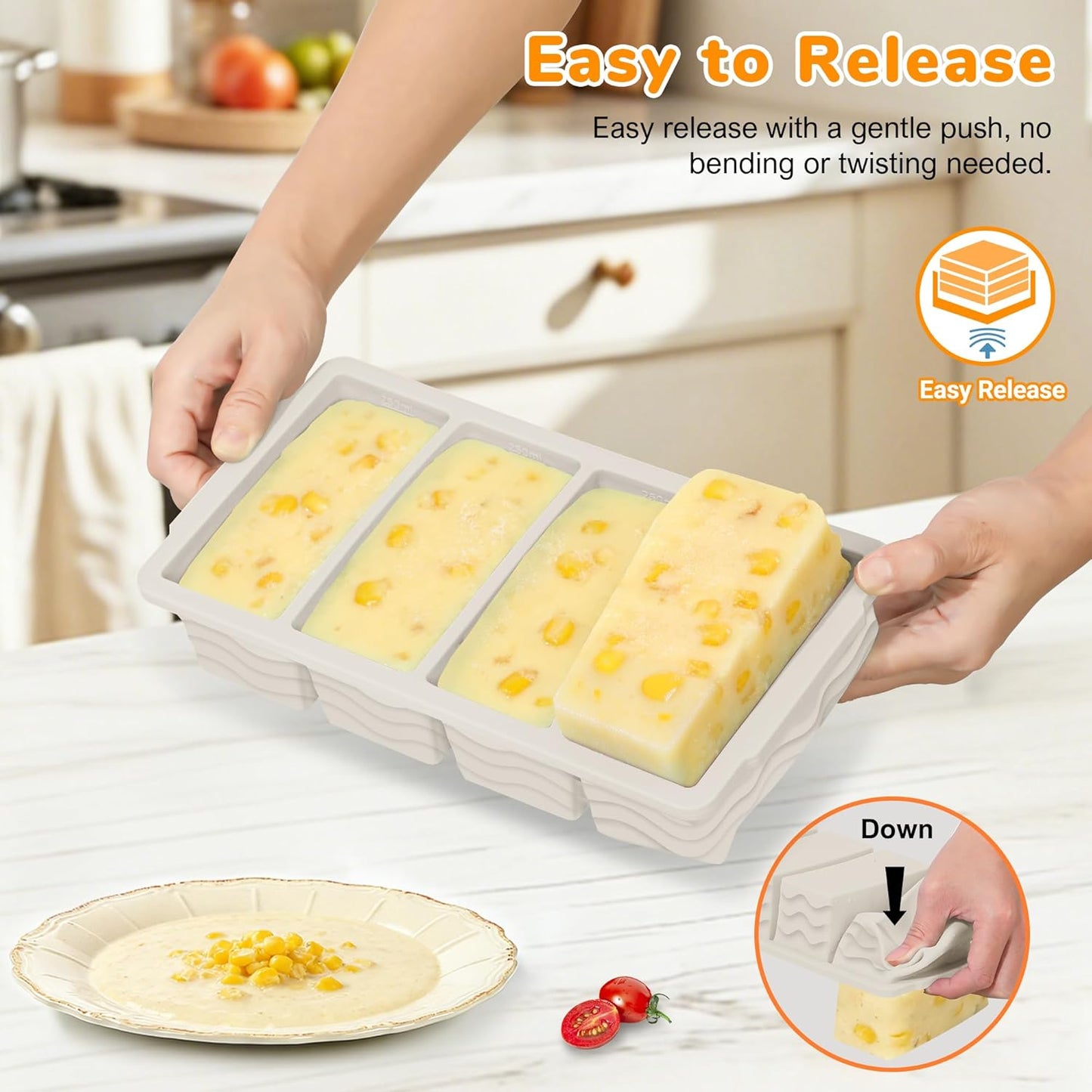 Silicone Freezer Trays with Lid (4-Pack), 1-Cup, 2-Cup, 1/2-Cup & 2-Tbsp Silicone Freezer Molds, Stackable Soup Freezer Meal Prep Containers,Ice Cube Tray for Making Sauce,Smoothies,Yogurt Bites