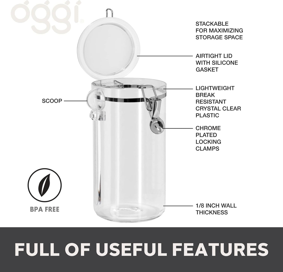 Oggi 4pc Clear Canister Set with Clamp Lids & Spoons - Airtight Food Storage Containers, Ideal for Kitchen & Pantry Storage of Bulk, Dry Food Including Flour, Sugar, Coffee, Rice, Tea, Spices & Herbs