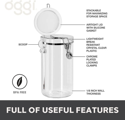Oggi 4pc Clear Canister Set with Clamp Lids & Spoons - Airtight Food Storage Containers, Ideal for Kitchen & Pantry Storage of Bulk, Dry Food Including Flour, Sugar, Coffee, Rice, Tea, Spices & Herbs