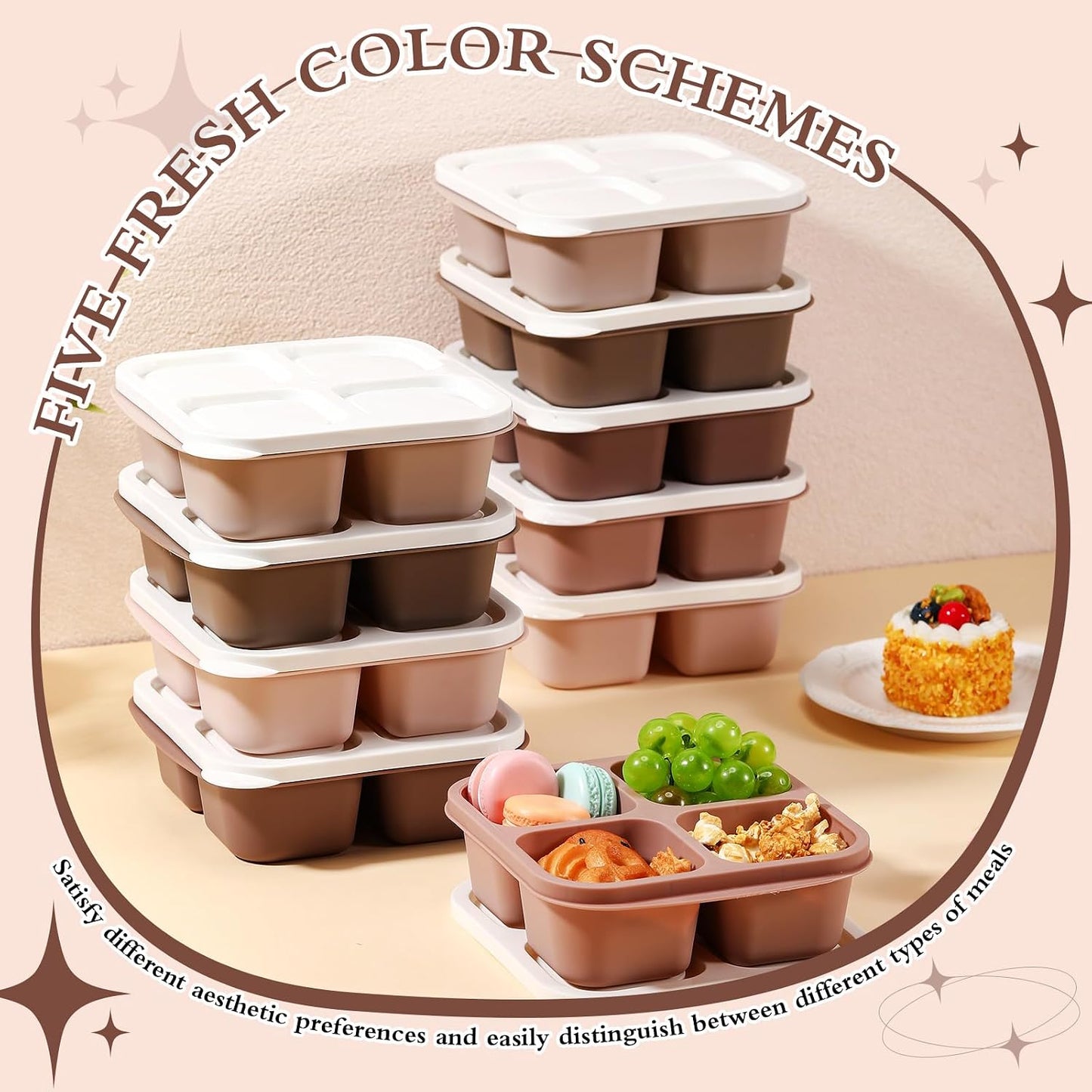 Honeydak 10 Pack Bento Snack Containers 4 Compartment Snack Boxes Reusable Containers with Lids Divided Meal Prep Lunch Food Storage Box for School Work Travel