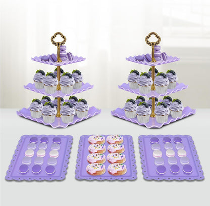 NWK 5 Piece Cake Stand Set with 2 x Large 3-Tier Cupcake Stands, 3 x Appetizer Trays, for Wedding Birthday Baby Shower Tea Party Decorations (Pink)