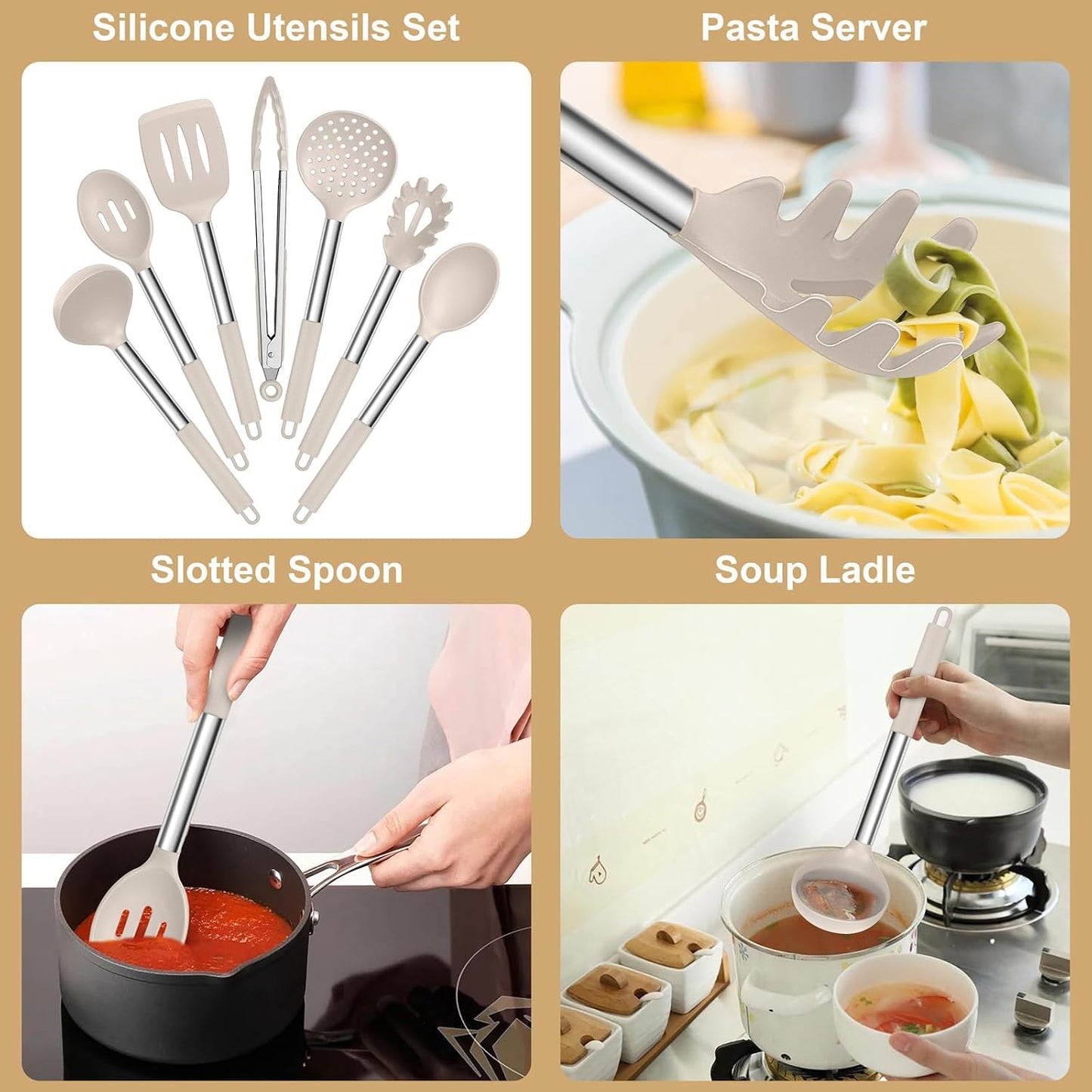E-far Silicone Cooking Utensils Set, 7 Pcs Heat Resistant Kitchen Utensils with Stainless Steel Handle, Slotted Turner, Spoon, Soup Ladle, Pasta Server, Skimmer, Tongs for Nonstick Cookware, Black