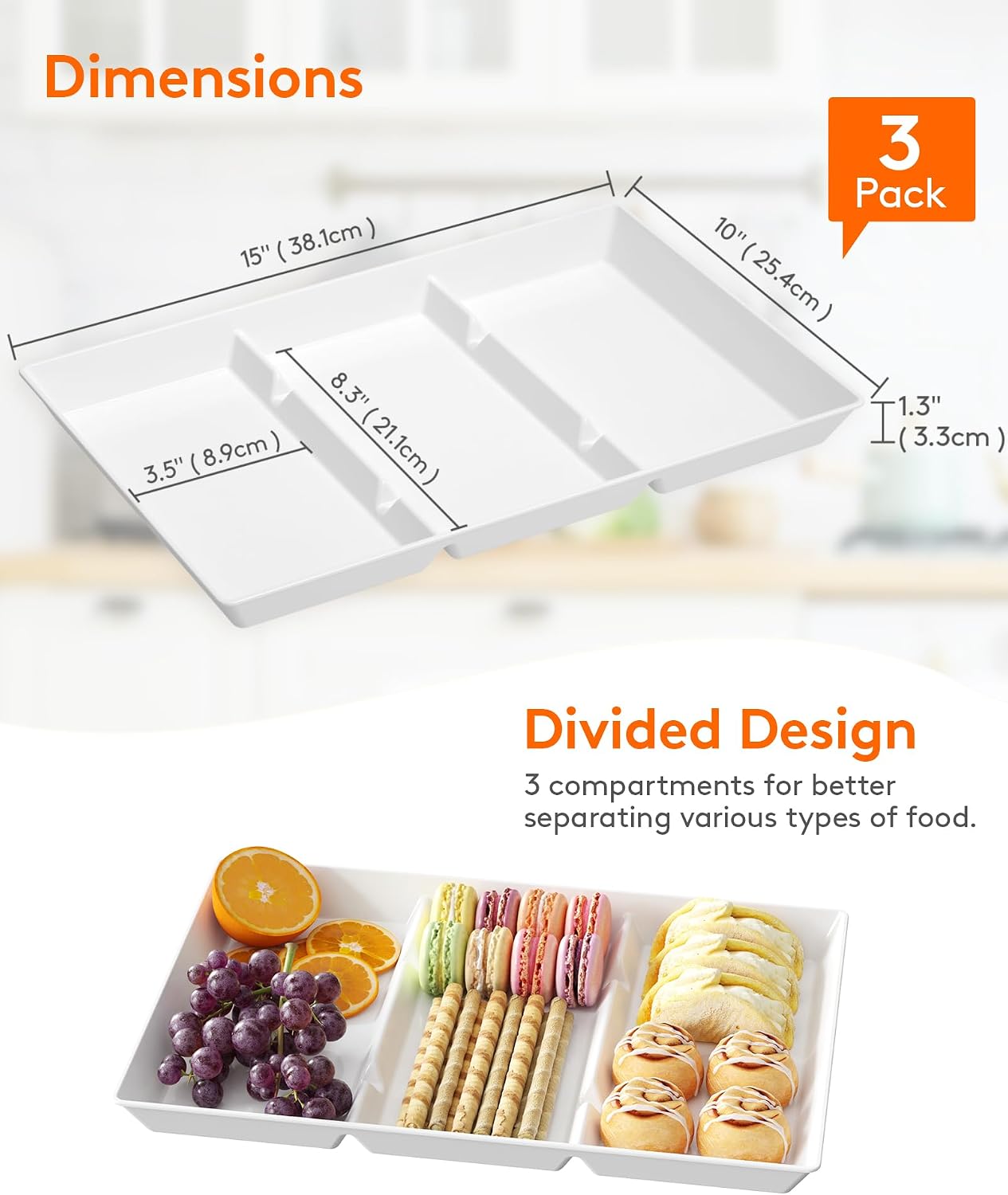 Lifewit Serving Tray Divided for Party Supplies, 4 PCS 15" x 10" Plastic Platters for Serving Food, White Reusable Tray for Veggie, Snack, Fruit, Cookies, Desserts in Kitchen/Pantry