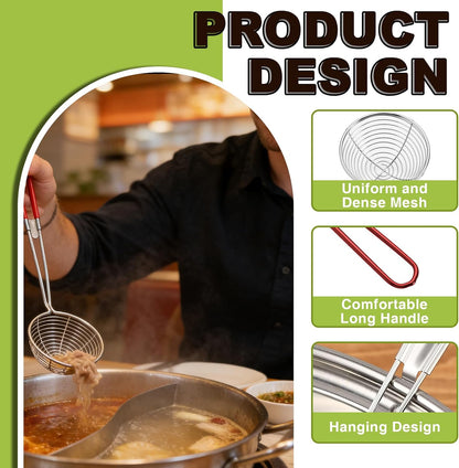 6 Pieces Stainless Steel Spider Strainer Skimmer, 4 Inch Hot Pot Kit Strainer Scoops with Long Handle, Asian Skimmer Spoon Ladle for Boba Pearls, Pasta, Meatball, Cooking & Frying Food