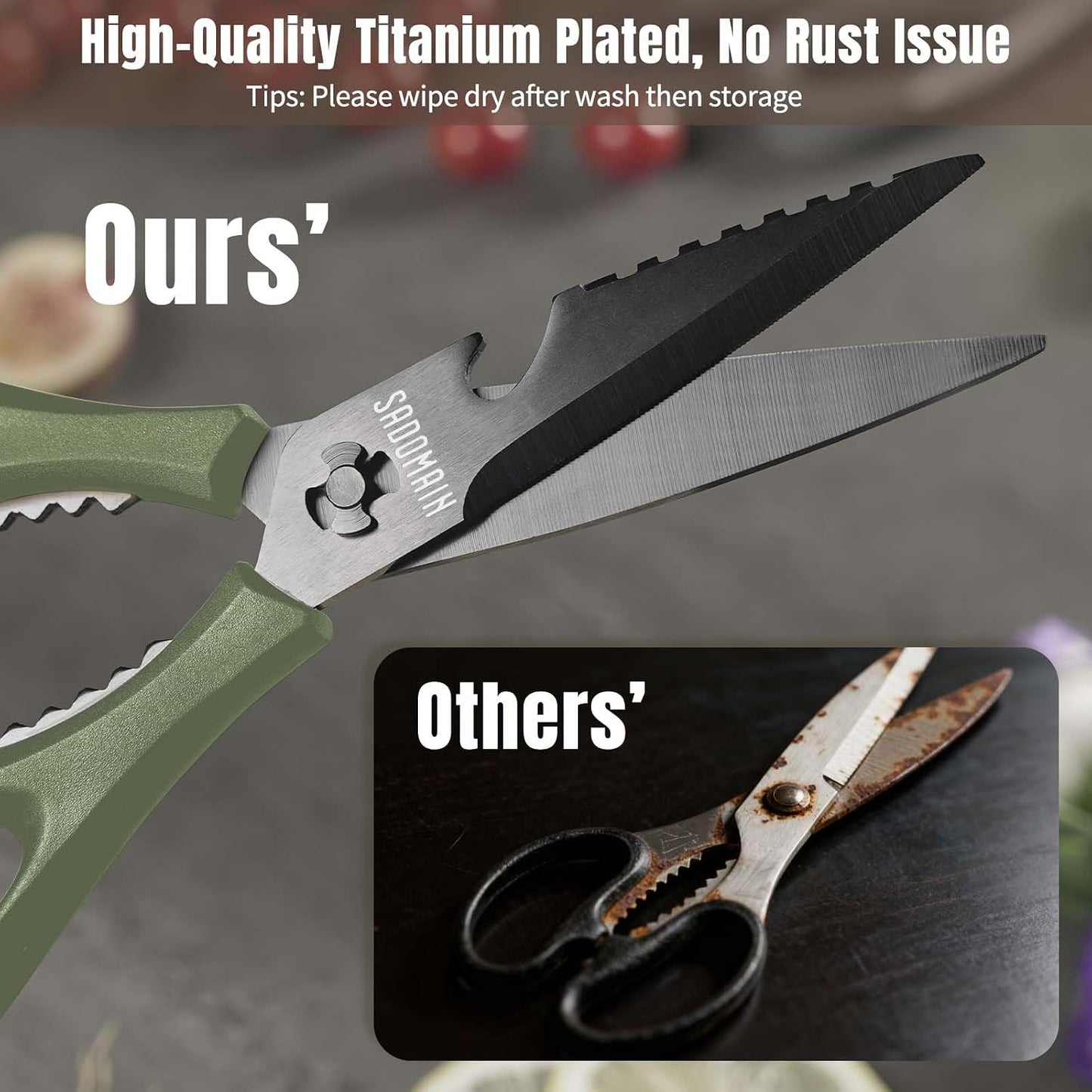 Kitchen Scissors All Purpose, Extra Sharp Kitchen Shears with Knife Sharpener & Sheath, Solid & Durable Stainless Steel Scissors with ANTI-RUST Black Titanium Plated, Dishwasher Safe - Black