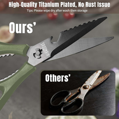 Kitchen Scissors All Purpose, Extra Sharp Kitchen Shears with Knife Sharpener & Sheath, Solid & Durable Stainless Steel Scissors with ANTI-RUST Black Titanium Plated, Dishwasher Safe - Black