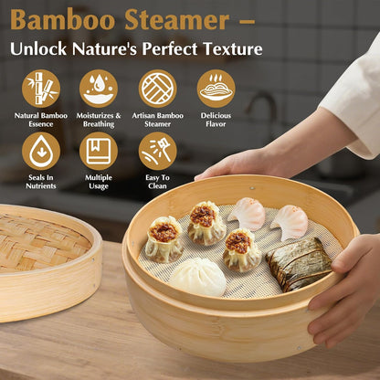 Bamboo Steamer 2 Tier 10-Inch Steaming Basket, Bun Vegetable Steam, Dumpling Steamer Bamboo Steam Basket, Chopsticks, Reusable Silicone Liner, Ring Adapter, for Chinese Asian Cuisine