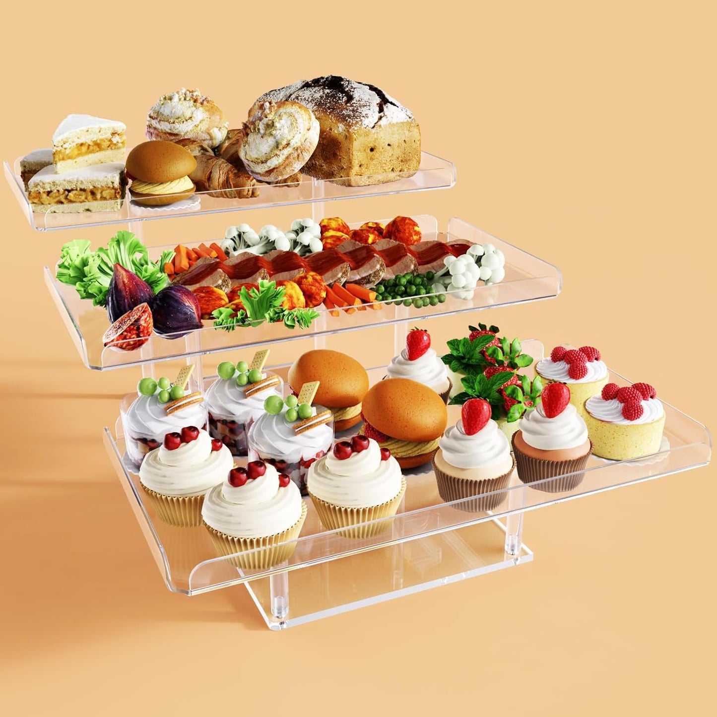 Bakzon 3 Piece Cupcake Stand, Acrylic Dessert Table Display Set, Clear Square Serving Trays for Birthday, Wedding, Baby Shower