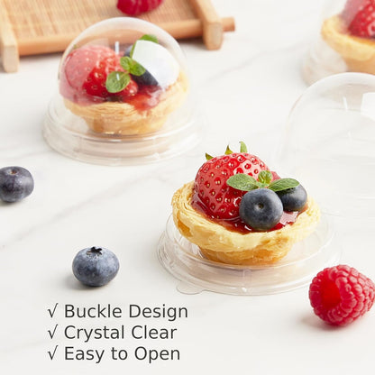 Zezzxu 50 Pack Mini Cake Containers, Clear Plastic Small Cupcake Boxes with Dome Lids for Individual Chocolate Covered Cookies, Strawberry, Mooncake (Gold)