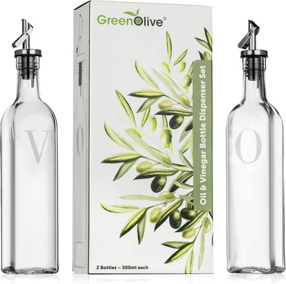 GREENOLIVE Olive Oil and Vinegar Dispenser Set - 17 oz. Glass Bottles with No-Drip BPA-Free Spouts - Stylish O and V Identifiers for Kitchen and Dining Use, Olive Oil Dispenser Bottle - Set of 2