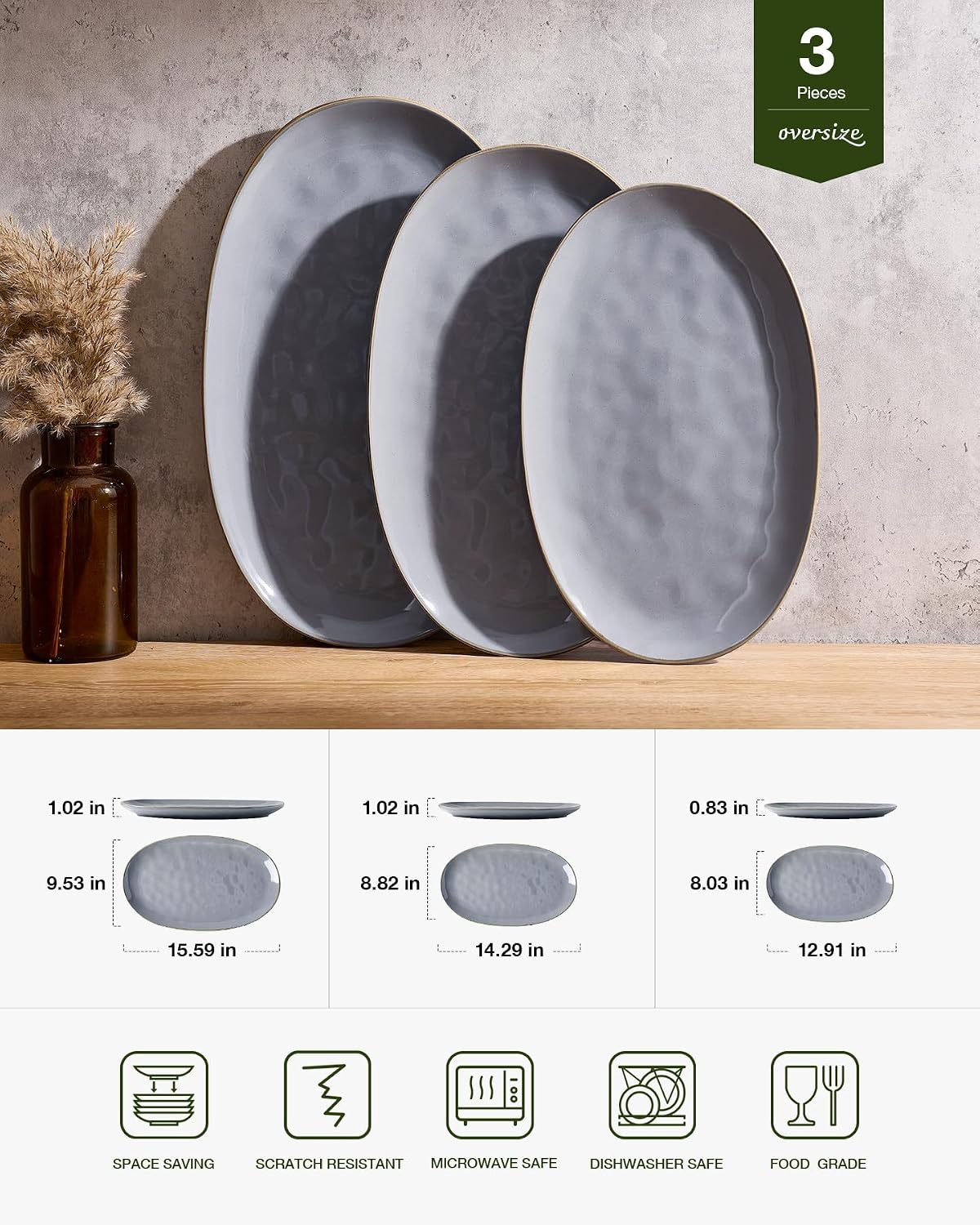 famiware Serving Platter, Oval 15.59/14.3/12.9inch Serving Dishes for Entertaining, Serving Bowls, Microwave Safe, Stoneware Serving Trays for Party, Food, Turkey, Cheese, Ocean Series, Vanilla White