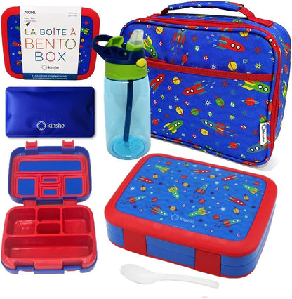 Kinsho Bento Lunch Box for Kids Toddlers, 5 Portion Control Sections, BPA Free Removable Plastic Tray, Pre-School Kid Toddler Daycare Lunches, Snack Container Ages 3 to 7 (Blue Space Rockets)