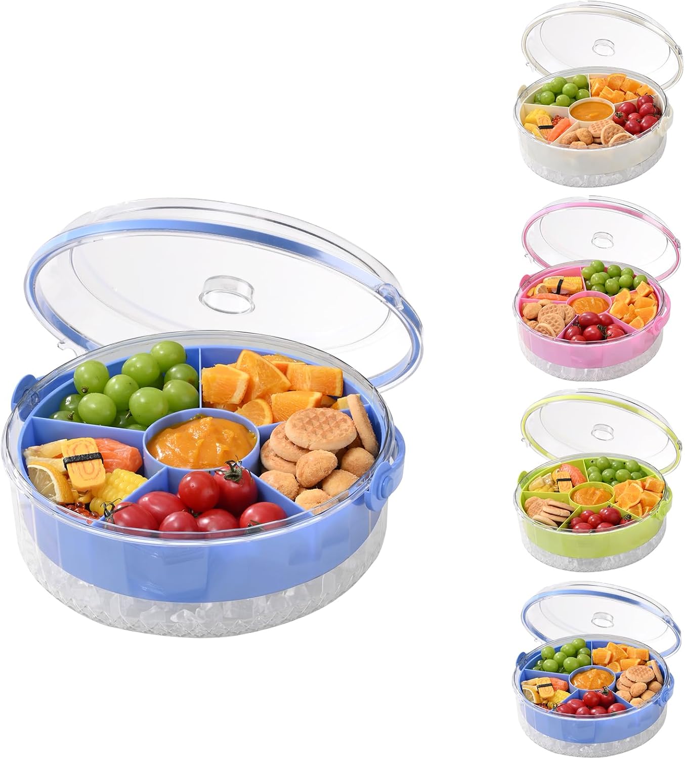 Fruit Ice Divided Serving Tray with Lid and handle,Chilled Veggie Tray,Shrimp Cocktail Serving Dish,Ideal Cold Chilled Serving Platter for Parties,Vegetables,Appetizer,Salads,Picnic,Appetizers,Travel