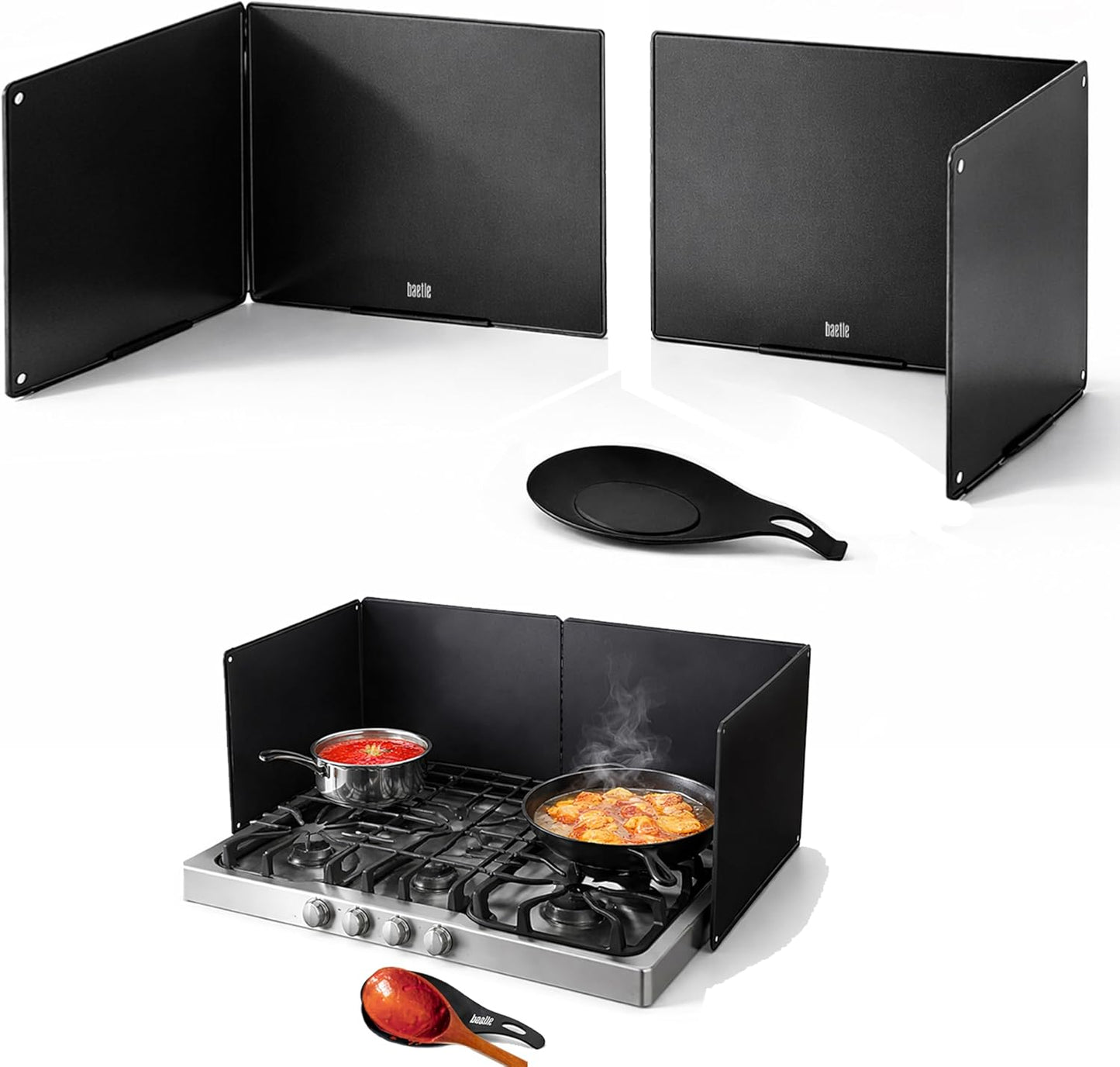 Foldable, Nonstick, Grease Splatter Guard for Stove Top by Baetle– Heavy-Duty Stainless Steel Oil Splash Shield, Premium Black Style, 29.5" Wide Back Panel, 13.6" Deep–with Spoon Rest