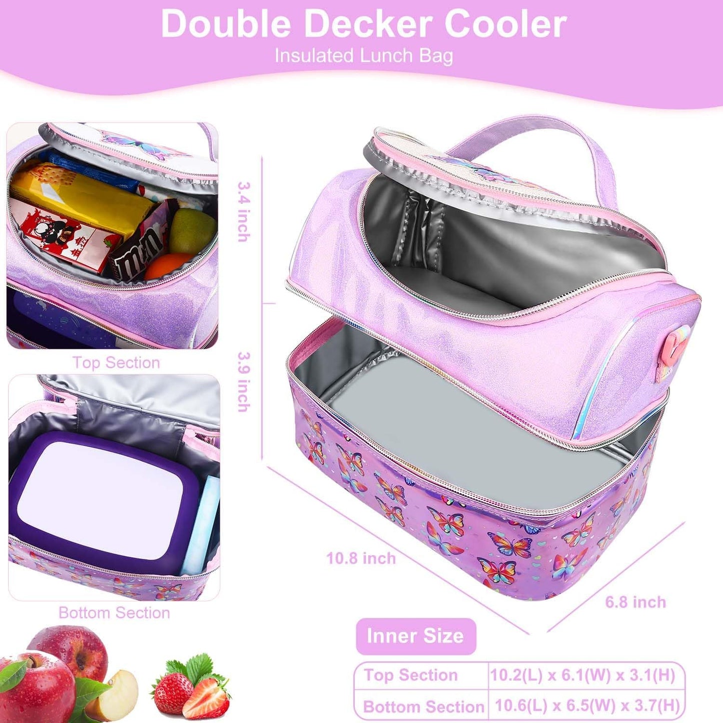 RHCPFOVR Kids Lunch Bag - Double - Decker Cooler Insulated Lunch Box for Boys Girls,Washable Lunch Bag with Strap and Reusable Toddler Lunchbox for School and Daycare
