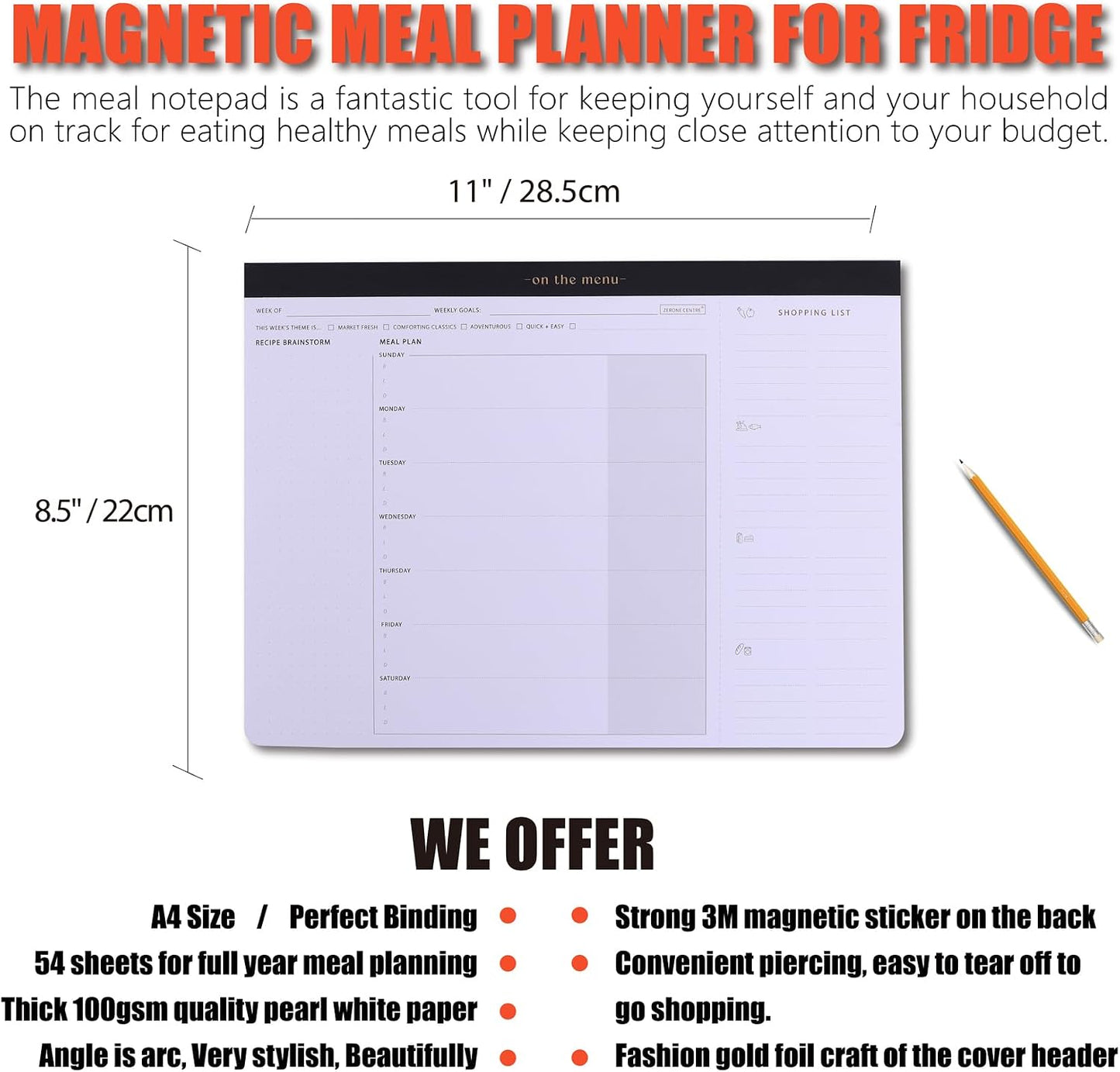 Weekly Meal Planner with Recipes and Grocery List Magnetic Notepad For Fridge - 8.5x11'' Menu Planning Pad With 54 Sheets Tear Off Shopping List For Family Dinner Menu and Meal Prep Planning