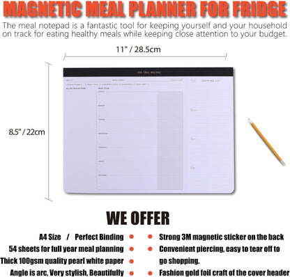Weekly Meal Planner with Recipes and Grocery List Magnetic Notepad For Fridge - 8.5x11'' Menu Planning Pad With 54 Sheets Tear Off Shopping List For Family Dinner Menu and Meal Prep Planning