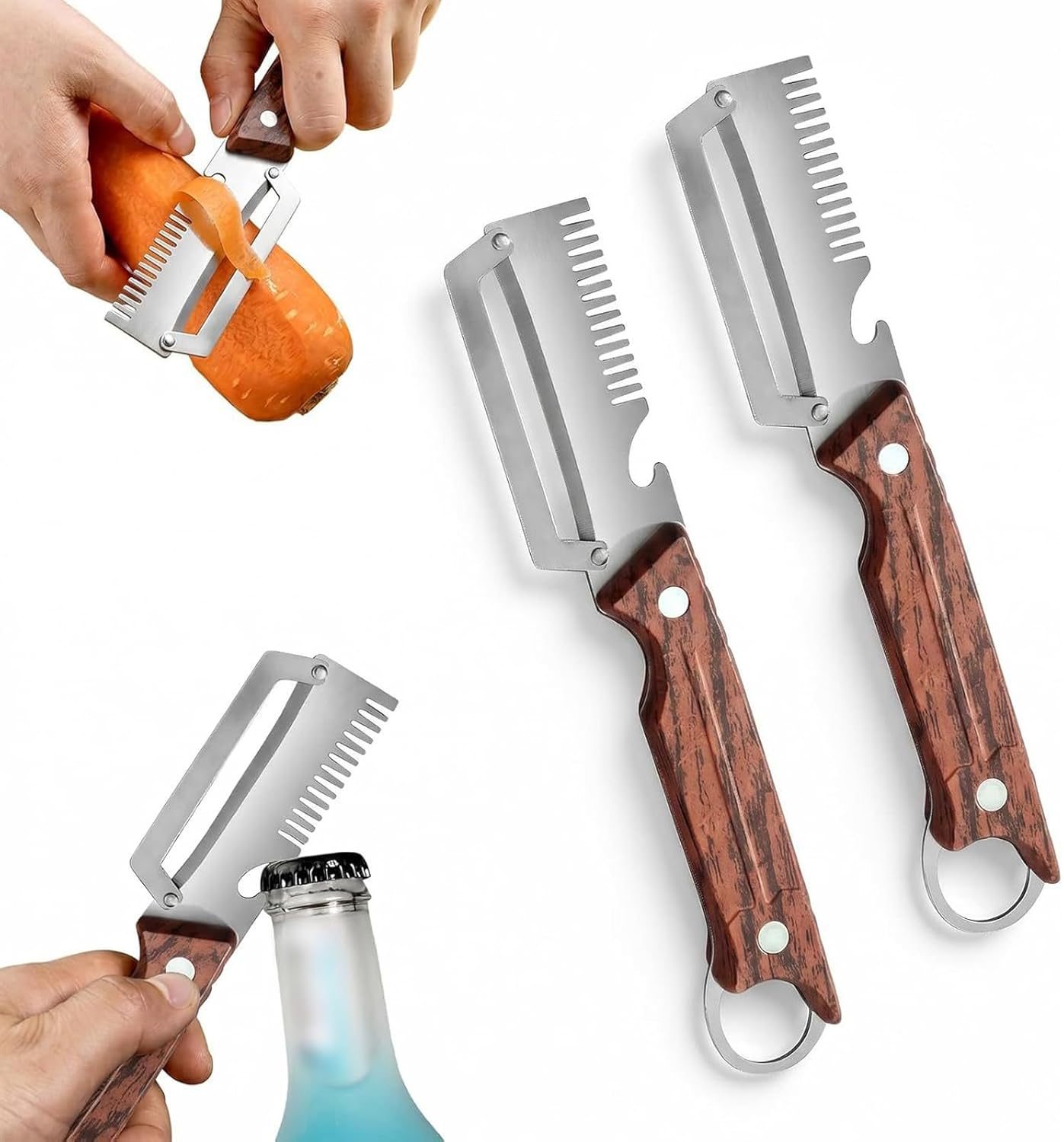 Multifunctional Vegetable Peeler, Vegetable Peeler with Wooden Handle and Bottle Opener, 2PCS 3-in-1 Peeler & Bottle Opener for Fruit Potato Carrot Kitchen Gadget