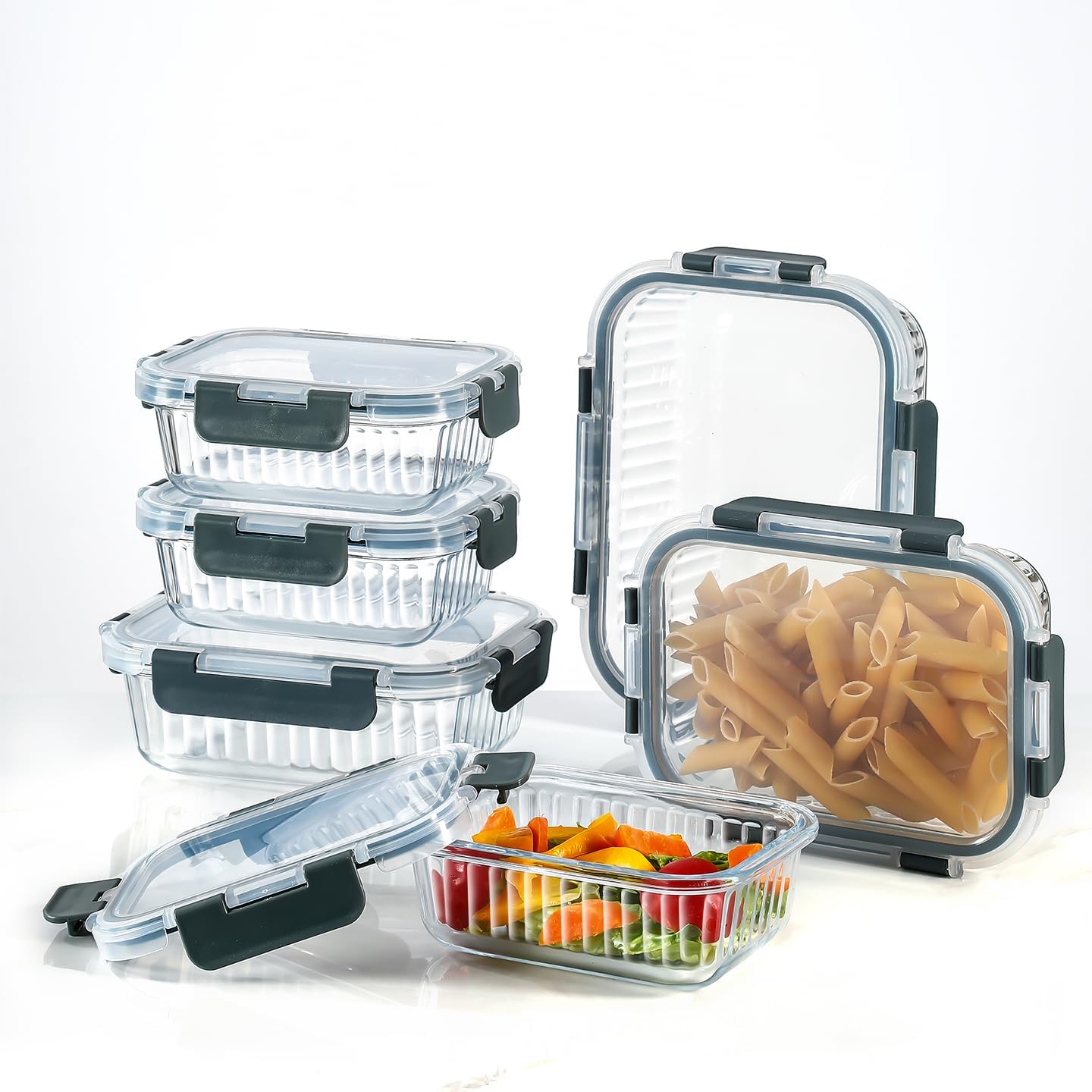 Glass Fluted Ombre grey Leak-Proof 6-Piece Set Food Storage Containers, Food Containers with Lids, Meal Prep Containers. (Rectangular)