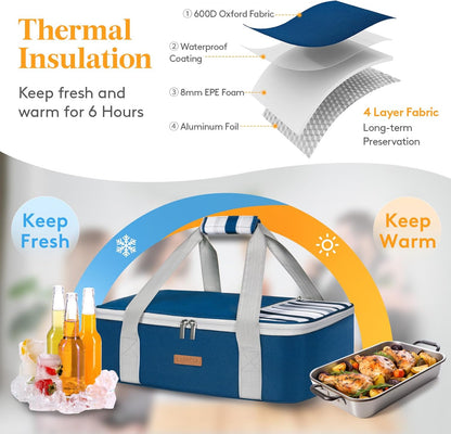 LUNCIA Insulated Single Decker Casserole Carrier, Lasagna Lugger Tote Keeps Food Hot or Cold, Thermal Lunch Bag for Potluck Parties, Picnic and Cookouts, Fits 9" x 13" Baking Dish, Black