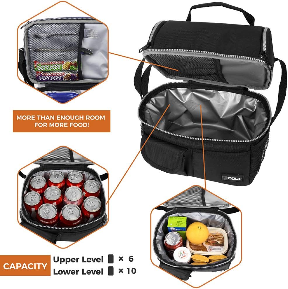 opux Insulated Lunch Bag Women Men, Dual Compartment Leakproof Lunch Box Adults Kids, Double Decker Meal Prep Bento Lunch Cooler Tote with Shoulder Strap for Work Office School Travel, Floral Purple