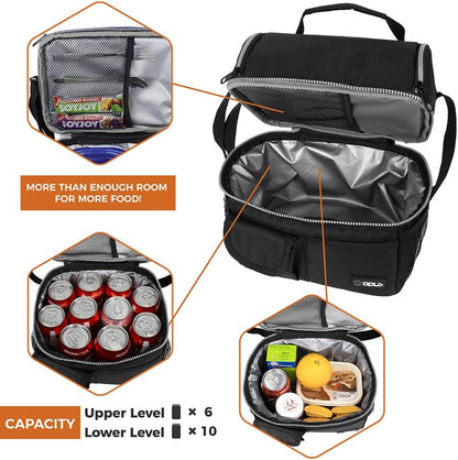 opux Insulated Lunch Bag Women Men, Dual Compartment Leakproof Lunch Box Adults Kids, Double Decker Meal Prep Bento Lunch Cooler Tote with Shoulder Strap for Work Office School Travel, Floral Purple