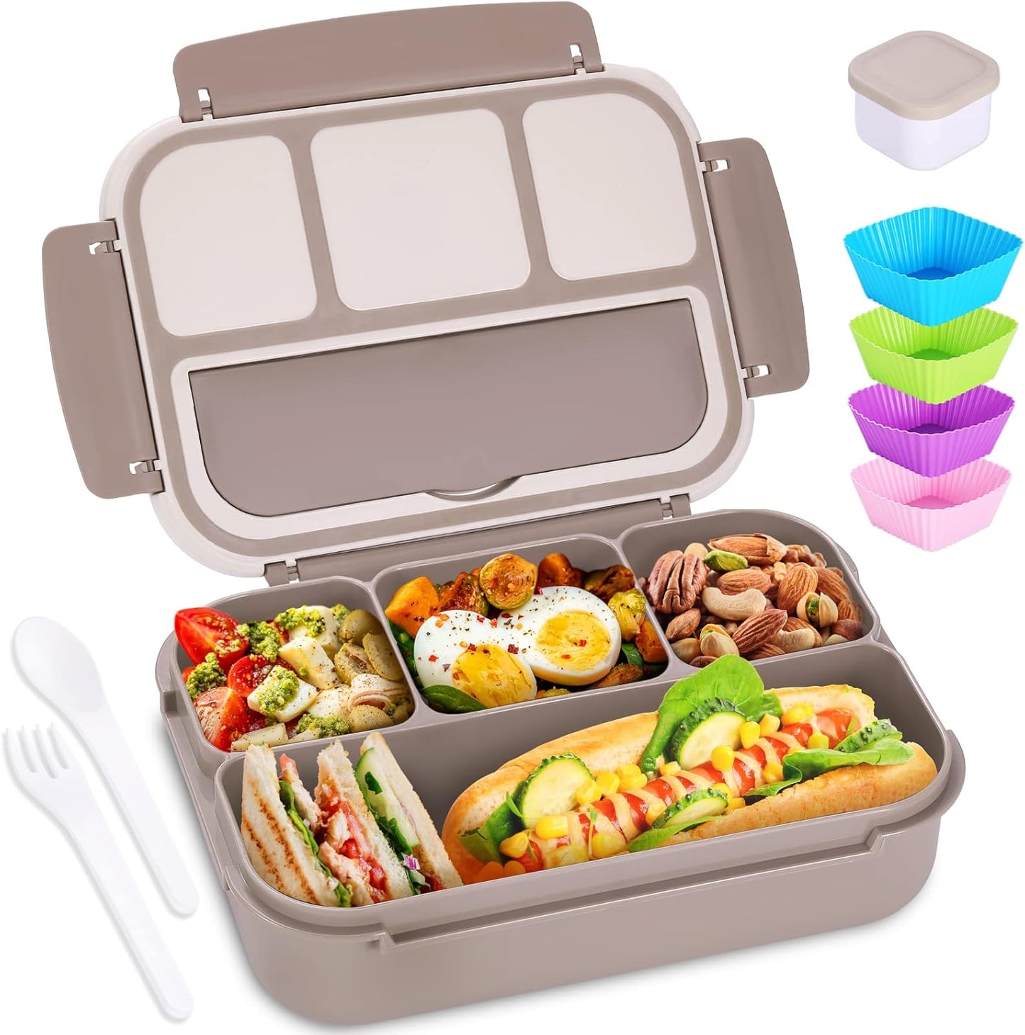 Bento Box Adult Lunch Box, Lunch Containers for Kids Girls Boys with 4 Compartments, Lunchable Food Container with Utensils, Sauce Jar, Muffin Liners, 40 Oz/5 Cup, Microwave Safe, Lavender