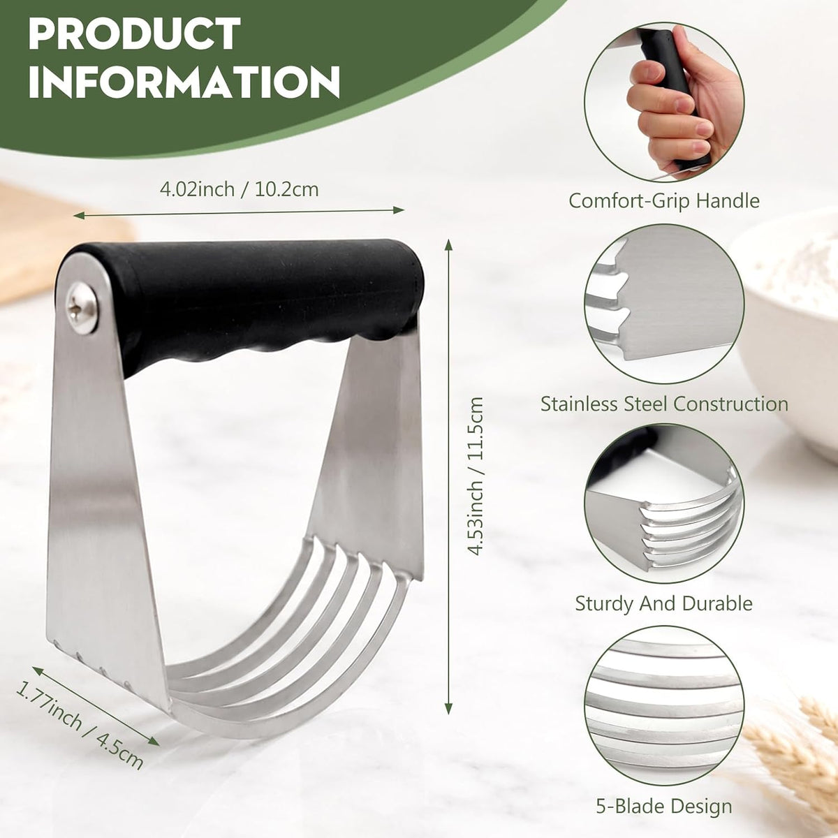 Stainless Steel Pastry Dough Blender and Cutter, Heavy-Duty Baking Mixer Tool with Sharp Durable Blades