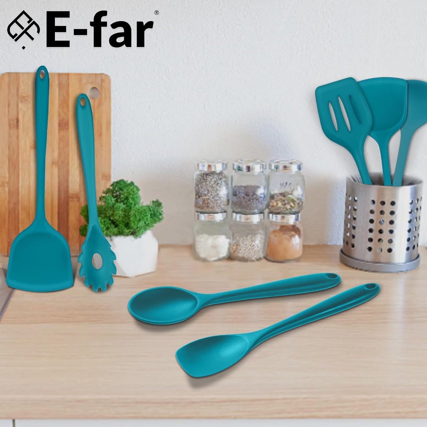 E-far 10 Pieces Silicone Cooking Utensils Set, Heat Resistant Kitchen Utensil Set for Nonstick Cookware, Kitchen Cooking Tools with Spatula, Spoon, Slotted Turner, Non-Toxic & Dishwasher Safe (Khaki)