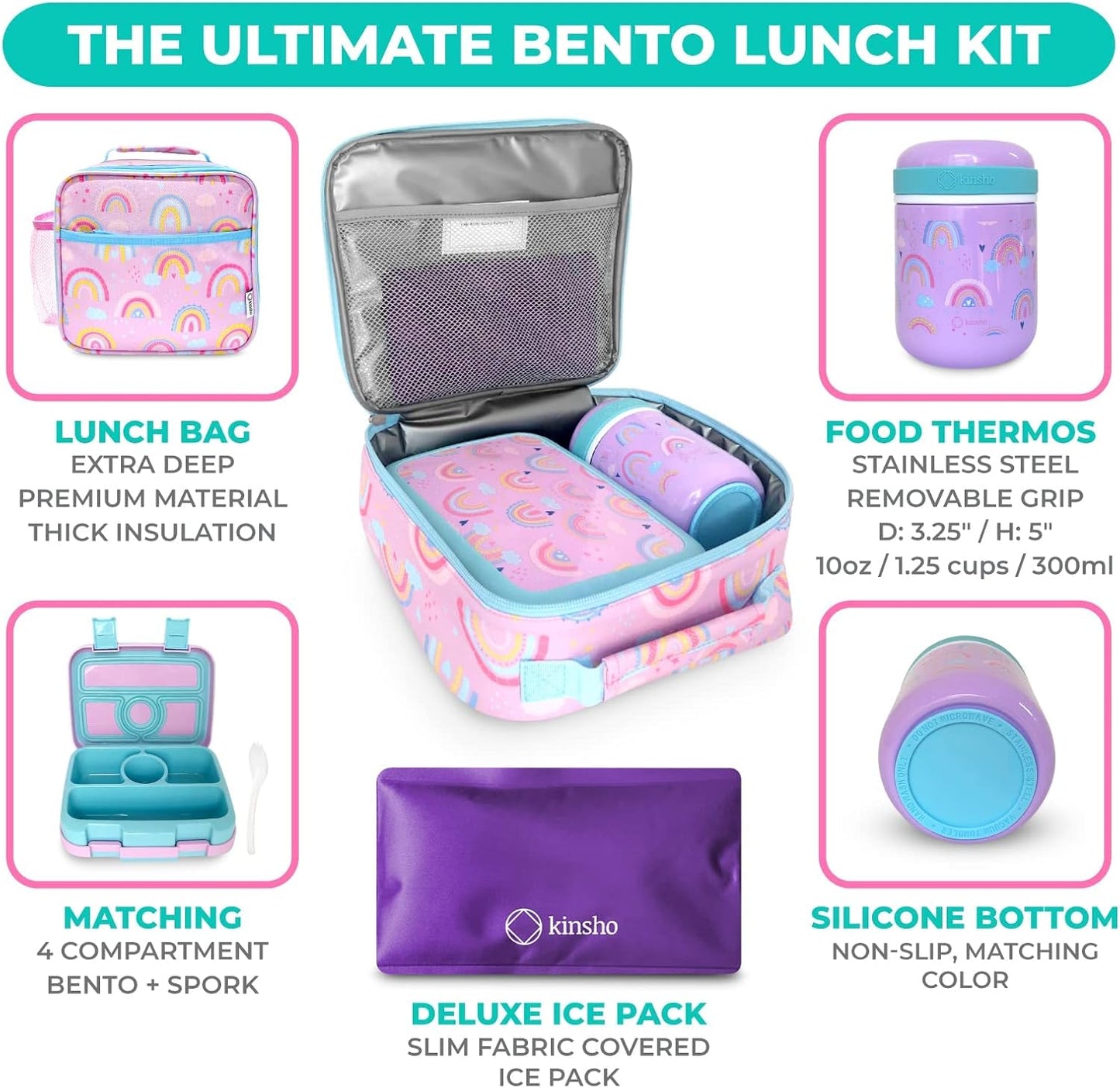 Bento Box with Stainless Steel Thermo, Insulated Lunch Bag, Ice Pack Set for Kids - 5 Compartments, Lunches or Snack Container for Girls, Toddlers Daycare Pre-School, Kindergarten Purple Unicorn