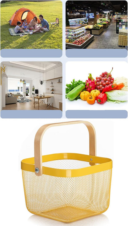 AJIODA Metal Mesh Steel Basket, Storage Organizer Basket Multi-functional Hanging Kitchen Baskets Fruit Basket Bin with Bamboo Handle for Kitchen Bathroom Picnic Shopping Decor Cabinet Home, Blue