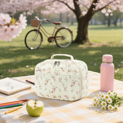 Bluboon Insulated Lunch Bag for Girls & Boys, Corduroy School Lunch Box with Cooler & Organizer Compartments, Leak-Proof Lunch Tote for School, Travel (Corduroy Strawberries Beige)