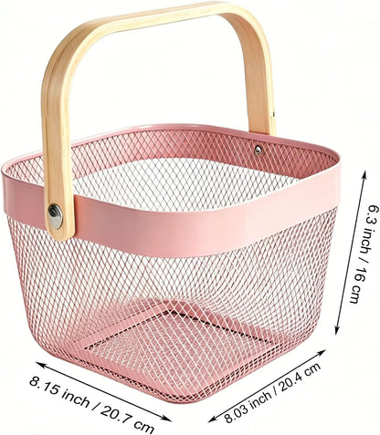 AJIODA Metal Mesh Wire Basket, Large Steel Basket with Wooden Handle Storage Organizer Basket Multi-functional Hanging Kitchen Baskets Fruit Baskets for Kitchen Bathroom Cabinet Pantry Snacks, Black