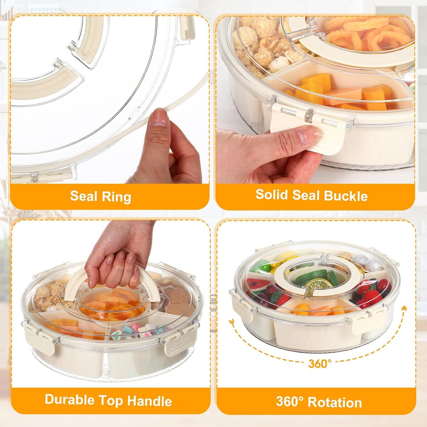 Maxdot 2Pcs Snackle Box Container Divided Serving Tray with Lid and Handle,6 Compartment Rotating Reusable Snack Portable Spinner Tray Portable Food Platter for Lunch Veggie Fruit Party Travel,10.6