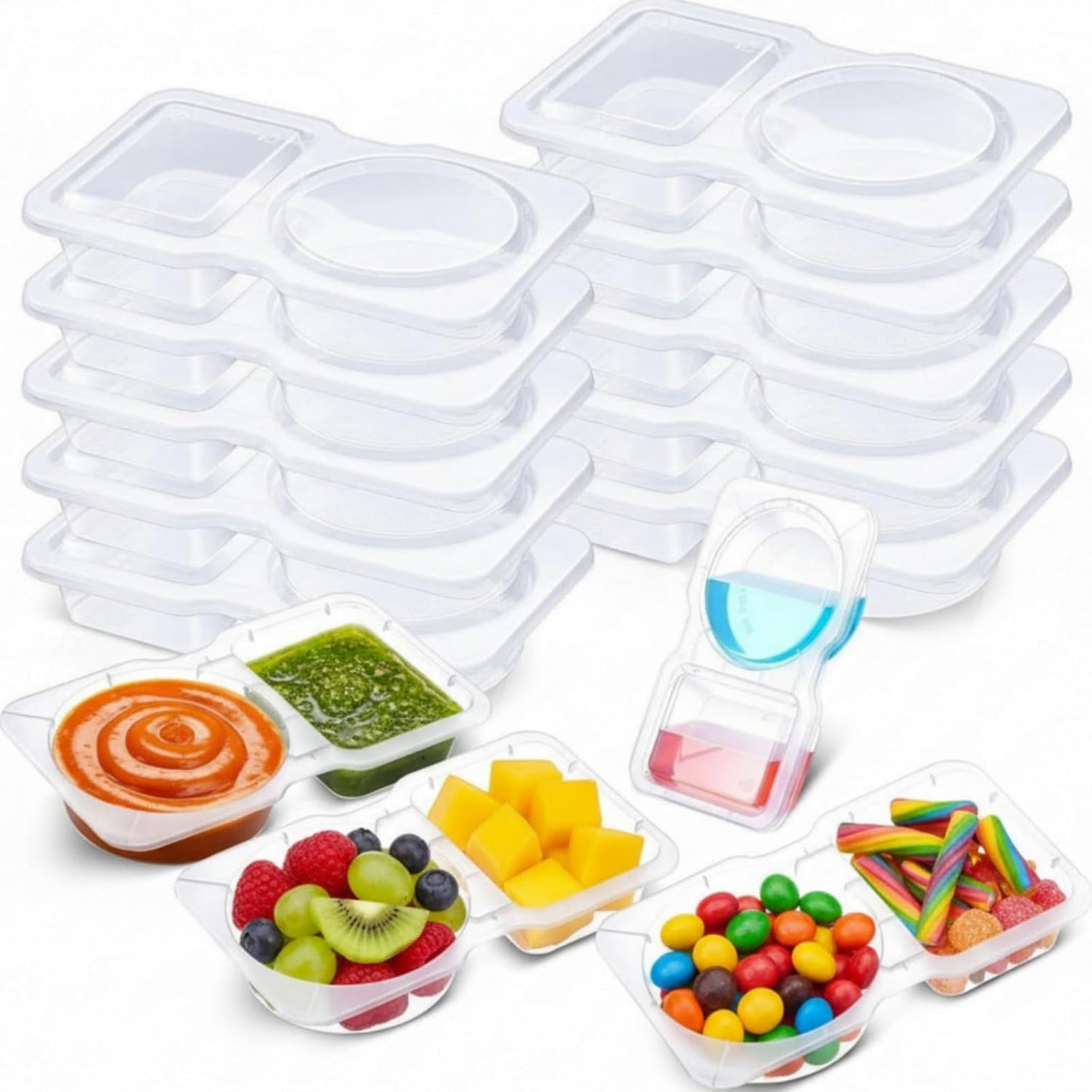 Blushtier 10 Pcs Pack Snack Containers with Lids, 5 oz Double Compartment Plastic Food Containers, Portable Divided Snack Cups for School, Office, Meal Prep, Sauces, Dips, On-the-go Camping (Clear)