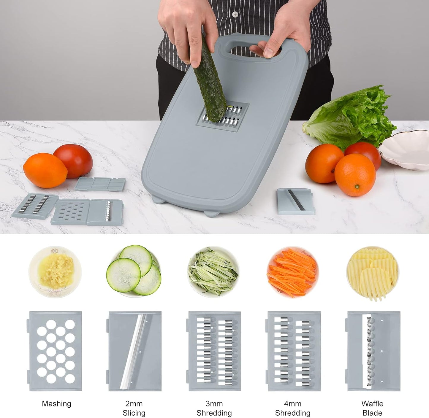 Gintan Collapsible Camping Cutting Board, 9-in-1 Chopping Board with Colander, Kitchen Vegetable Washing Basket for Camping, Camping Gifts Camping Accessories for RV Campers (Blue+Grey)