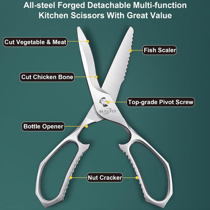 SUCCFLY Kitchen Scissors for Food，Premium Kitchen Shears Heavy Duty，8.8″Ultra Sharp Meat Scissors Detachable Blade，All Steel Poultry Shears Black Titanium Plated，Anti-Slip Cooking Scissor All Purpose