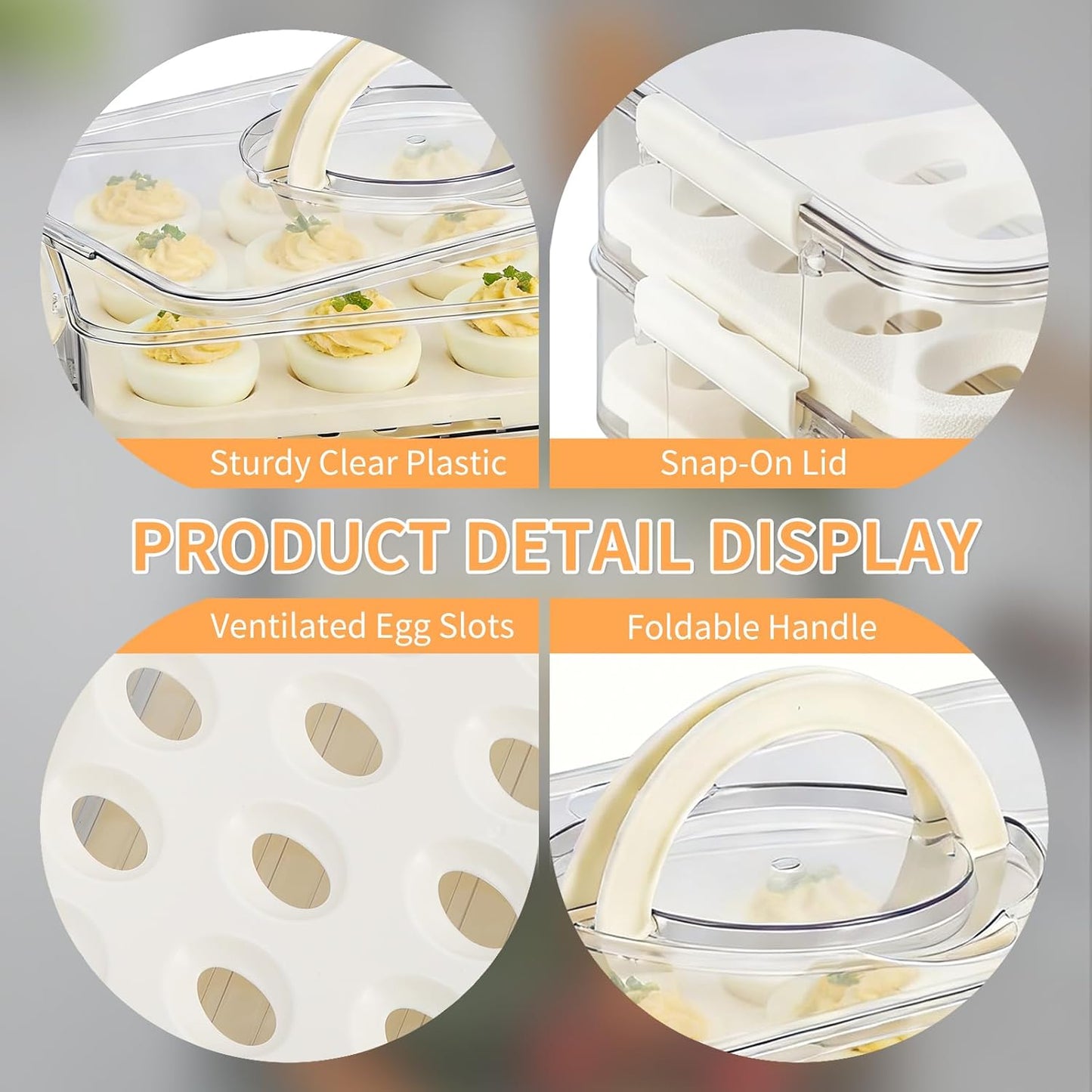 Deviled Egg Containers with Lid, 2 Layer Plastic Clear Deviled Egg Carrier with Lid, Storage 40 Eggs, Durable Eggs Holder with Handle for Easy Carry, Portable Tray Platter for Fridge, Travel and Party