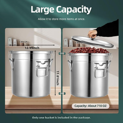 DYNAMI 12.7Gal 304 Stainless Steel Rice Storage Container,Extra Large Food Grade Canister,40-90Lbs Sealed Rice Bucket with Airtight Lid and Locking Buckle,for Rice, Flour, Grain (48L)