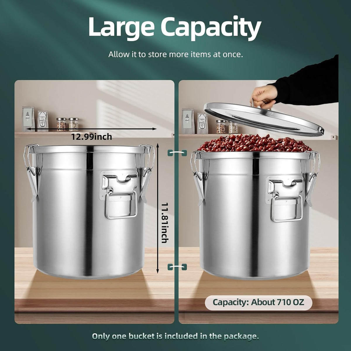 DYNAMI 12.7Gal 304 Stainless Steel Rice Storage Container,Extra Large Food Grade Canister,40-90Lbs Sealed Rice Bucket with Airtight Lid and Locking Buckle,for Rice, Flour, Grain (48L)
