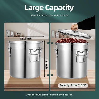 DYNAMI 12.7Gal 304 Stainless Steel Rice Storage Container,Extra Large Food Grade Canister,40-90Lbs Sealed Rice Bucket with Airtight Lid and Locking Buckle,for Rice, Flour, Grain (48L)